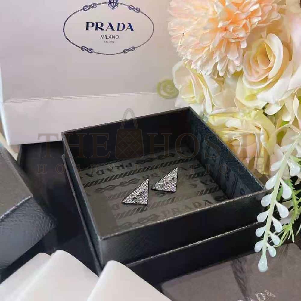 Pra*a Women Crystal Logo Jewels Zirconia Earrings-Silver Master Quality