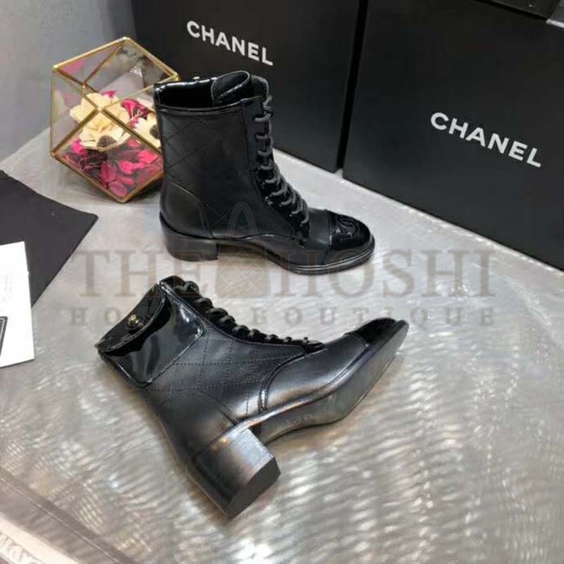 Ch**el Women Patent Calfskin &amp; Crumpled Calfskin Ankle Boots-Black Master Quality