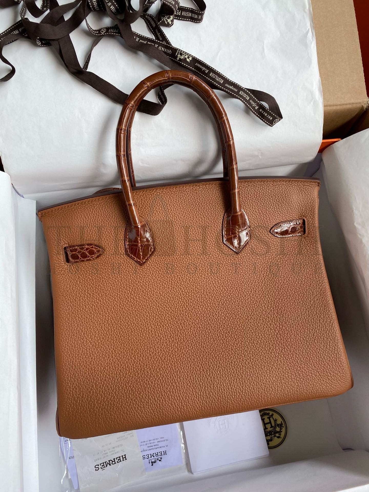 H**me5 Touch Birkin 30 Bag In Gold Clemence and Shiny Niloticus Crocodile Skin Master Quality