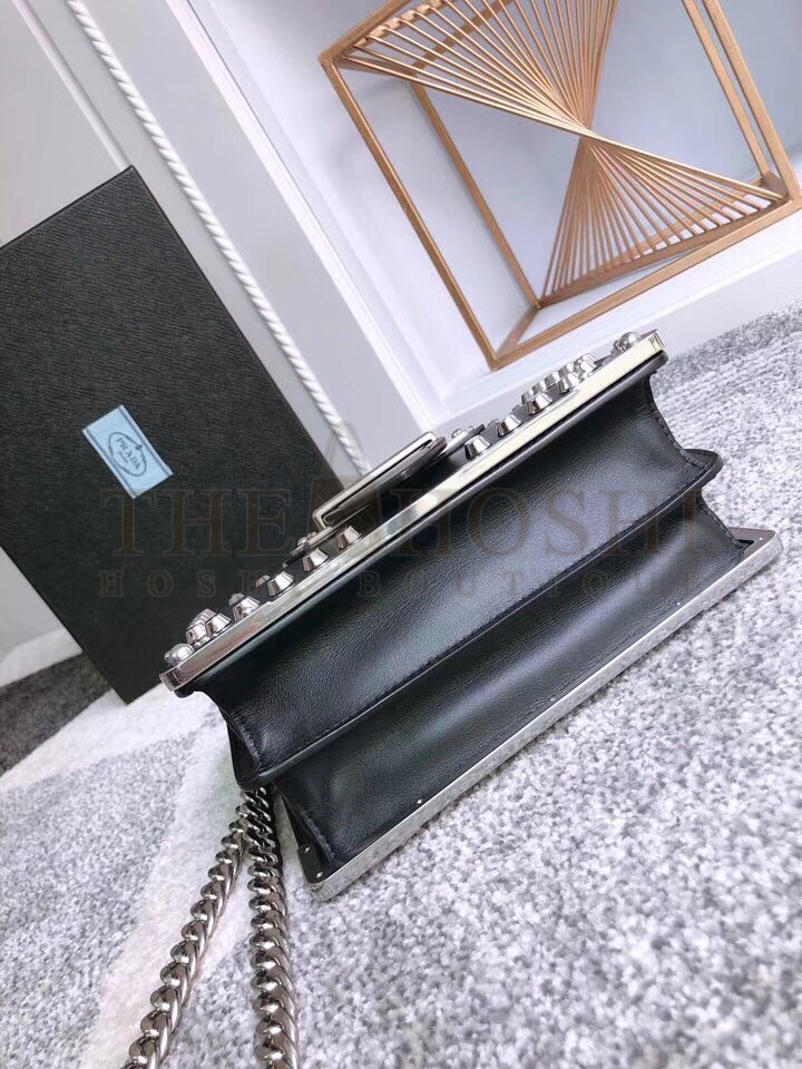 Pra*a Cahier Black Leather Shoulder Bag with Studded Master Quality