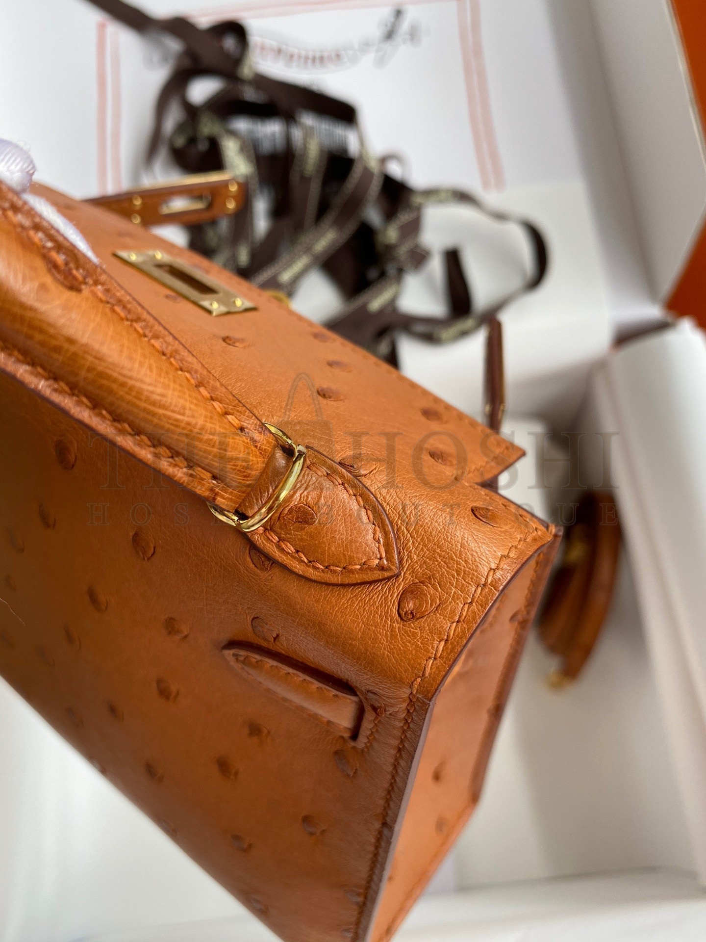 H**me5 Kelly Mini II Sellier Handmade Bag In Gold Ostrich Leather Master Quality