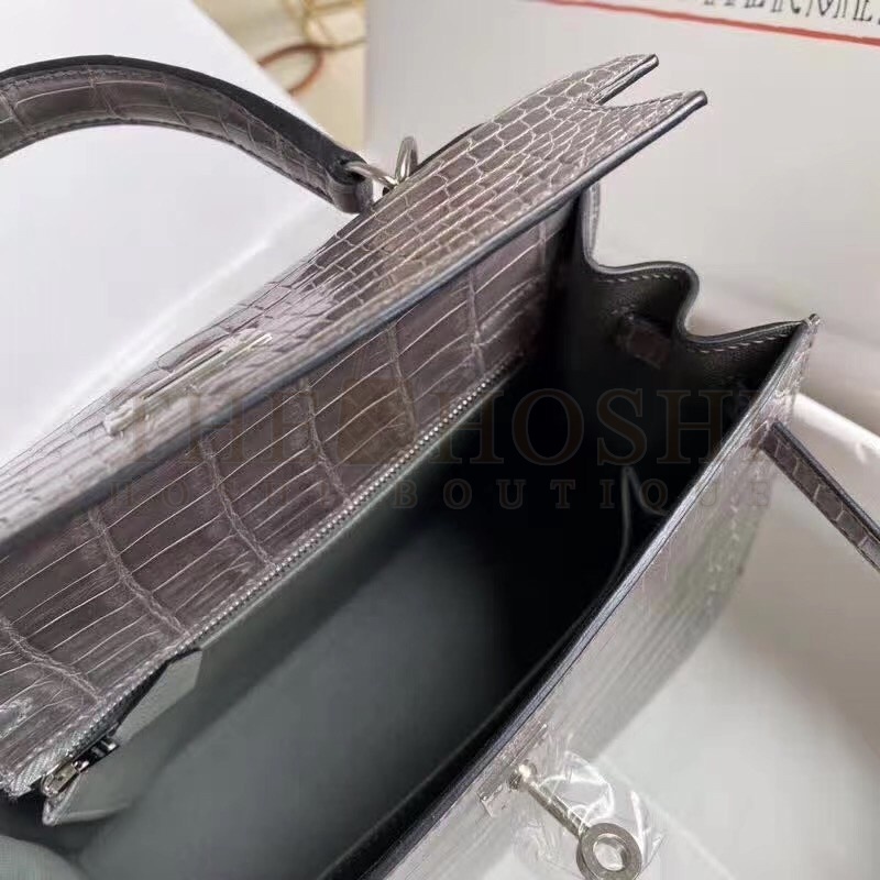 H**me5 Grey Kelly 25cm Shiny Niloticus Crocodile Skin Bag Master Quality