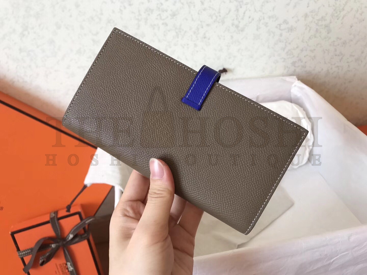 H**me5 Bi-Color Epsom Bearn Wallet Taupe/Electric Blue Master Quality