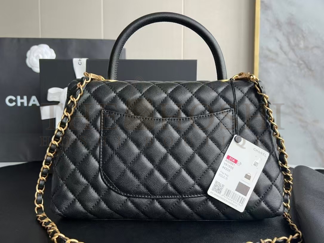 Ch**el Women Flap Bag with Top Handle in Grained Calfskin Leather-Black size:29cm Master Quality