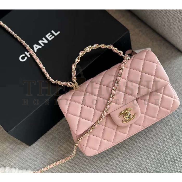 Ch**el Women CC Mini Flap Bag Top Handle Lambskin Resin Light Pink Master Quality