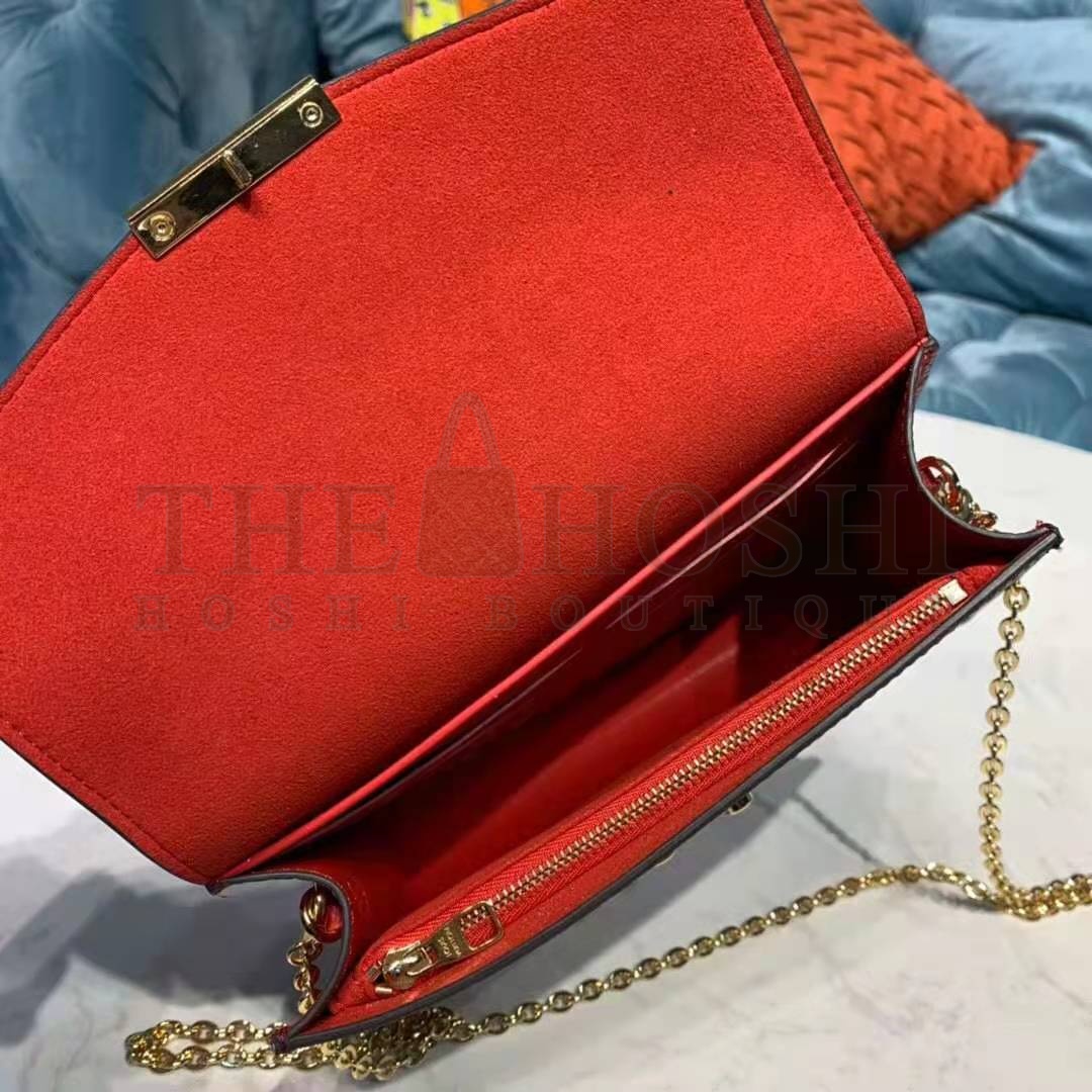 L0vis Vvtt0n LV Women Croisette Chain Wallet Scarlet Red Damier Ebene Coated Canvas Master Quality