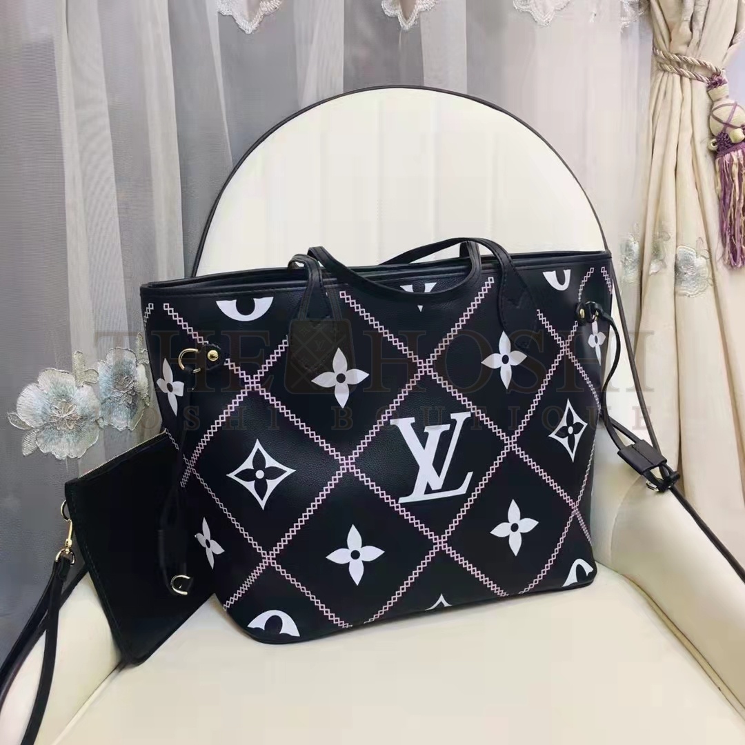 L0vis Vvtt0n LV Women Neverfull MM Tote Black Pink Grained Cowhide Leather Master Quality