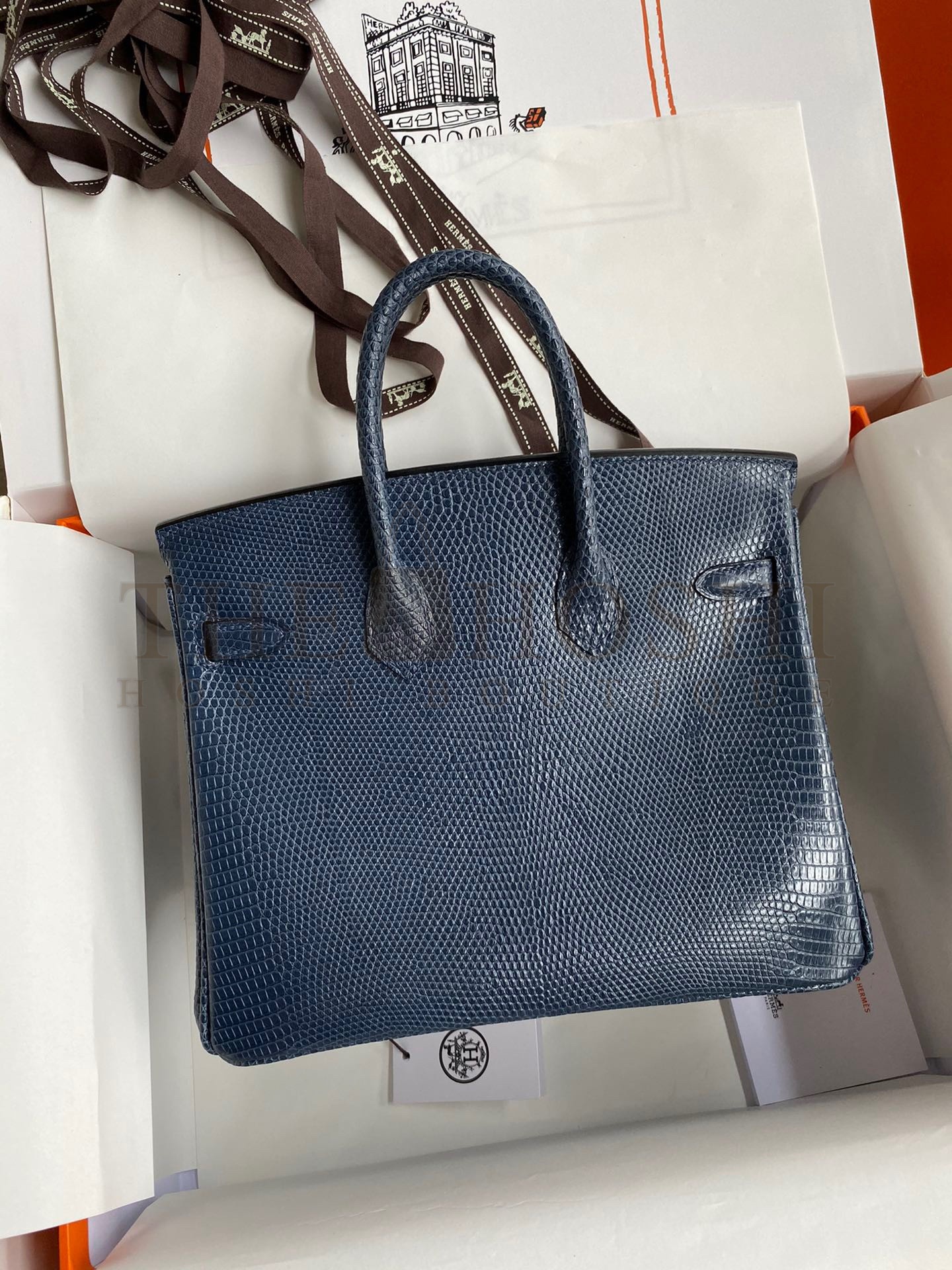 H**me5 Birkin 25 Retourne Handmade Bag In Blue Saphir Lizard Leather Master Quality