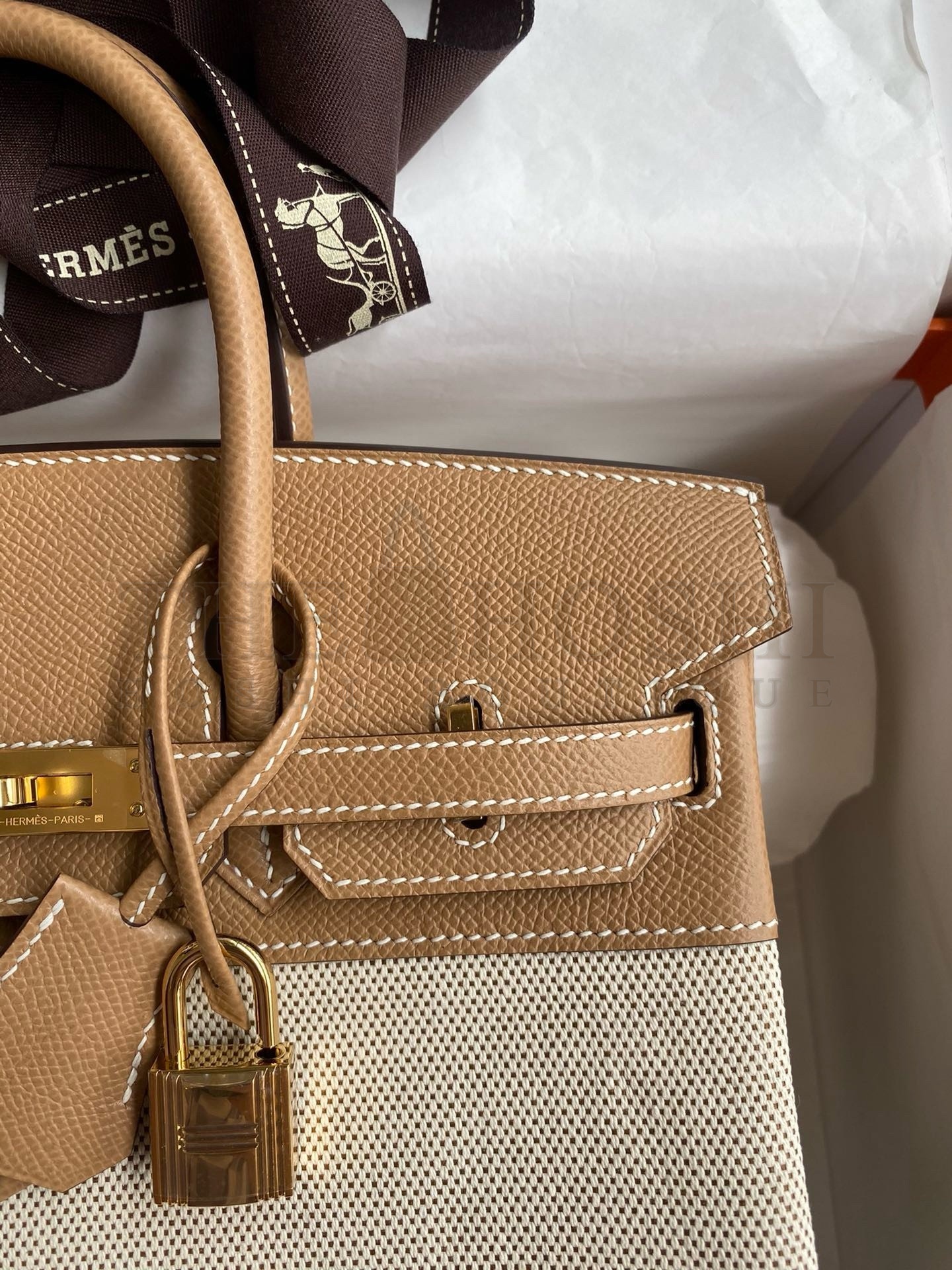 H**me5 Birkin 25 Handmade Bag In Toile &amp; Chai Epsom Leather Master Quality