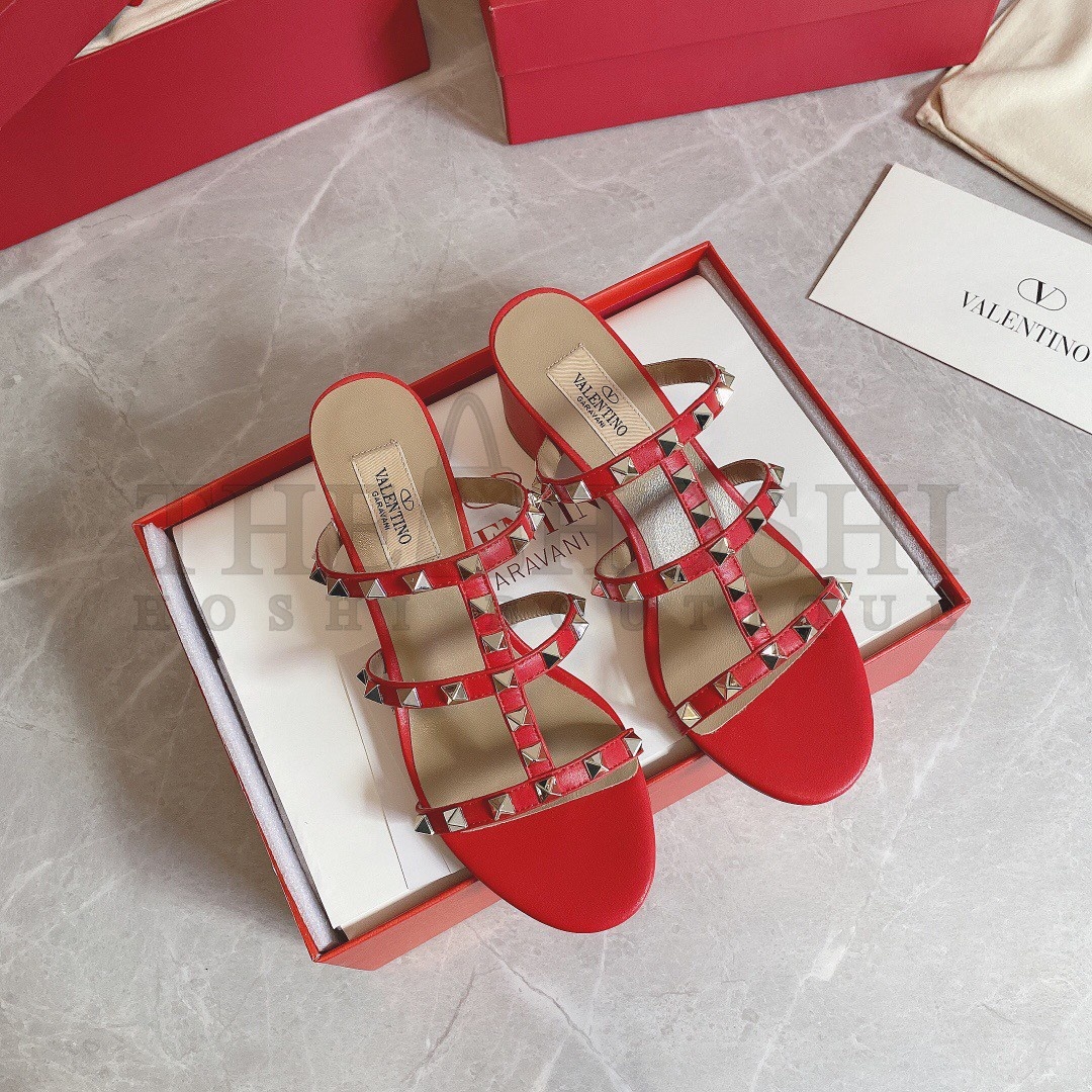 Va1e*ntin0 Rockstud Slide Sandals 60mm In Red Calfskin Master Quality