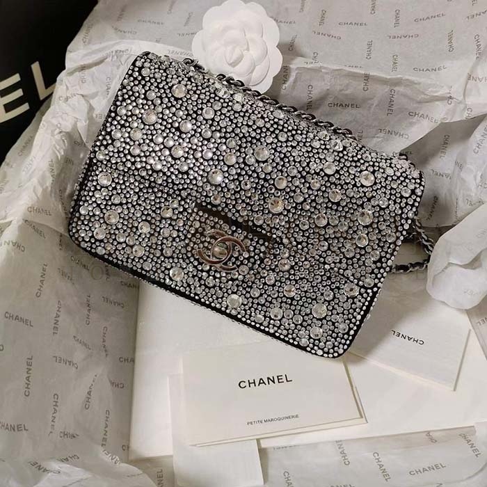 Ch**el CC Women Mini Flap Bag Satin Strass Silver-Tone Metal Silver Master Quality