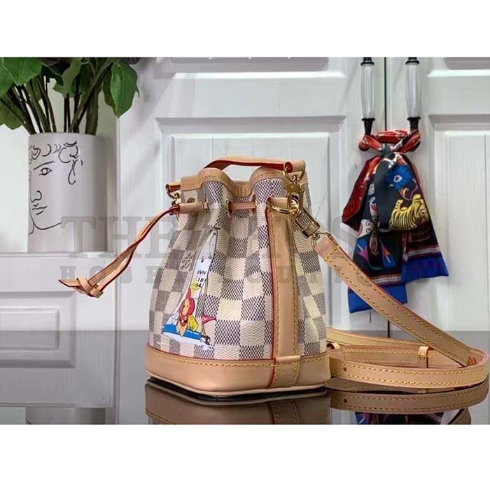 L0vis Vvtt0n LV Women Nano Noé Bucket Bag Dragon Fruit Pink Damier Azur Coated Canvas Master Quality