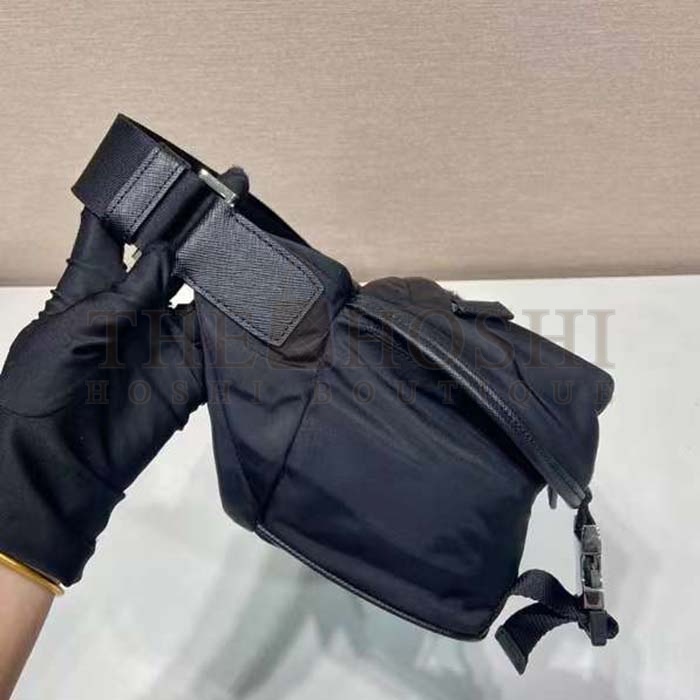 Pra*a Unisex Re-Nylon Saffiano Leather Shoulder Bag Black Fabric Flap Closure Master Quality
