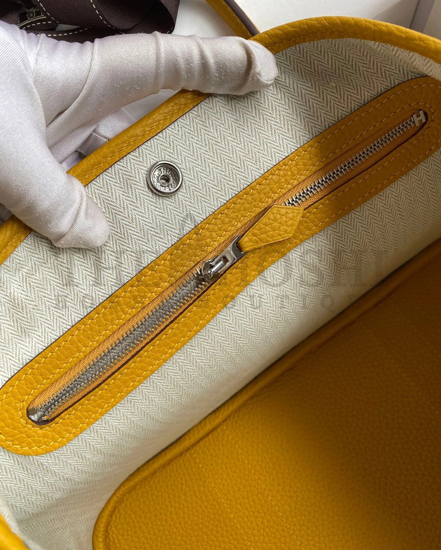 H**me5 Garden Party 30 Handmade Bag in Toile and Yellow Leather Master Quality