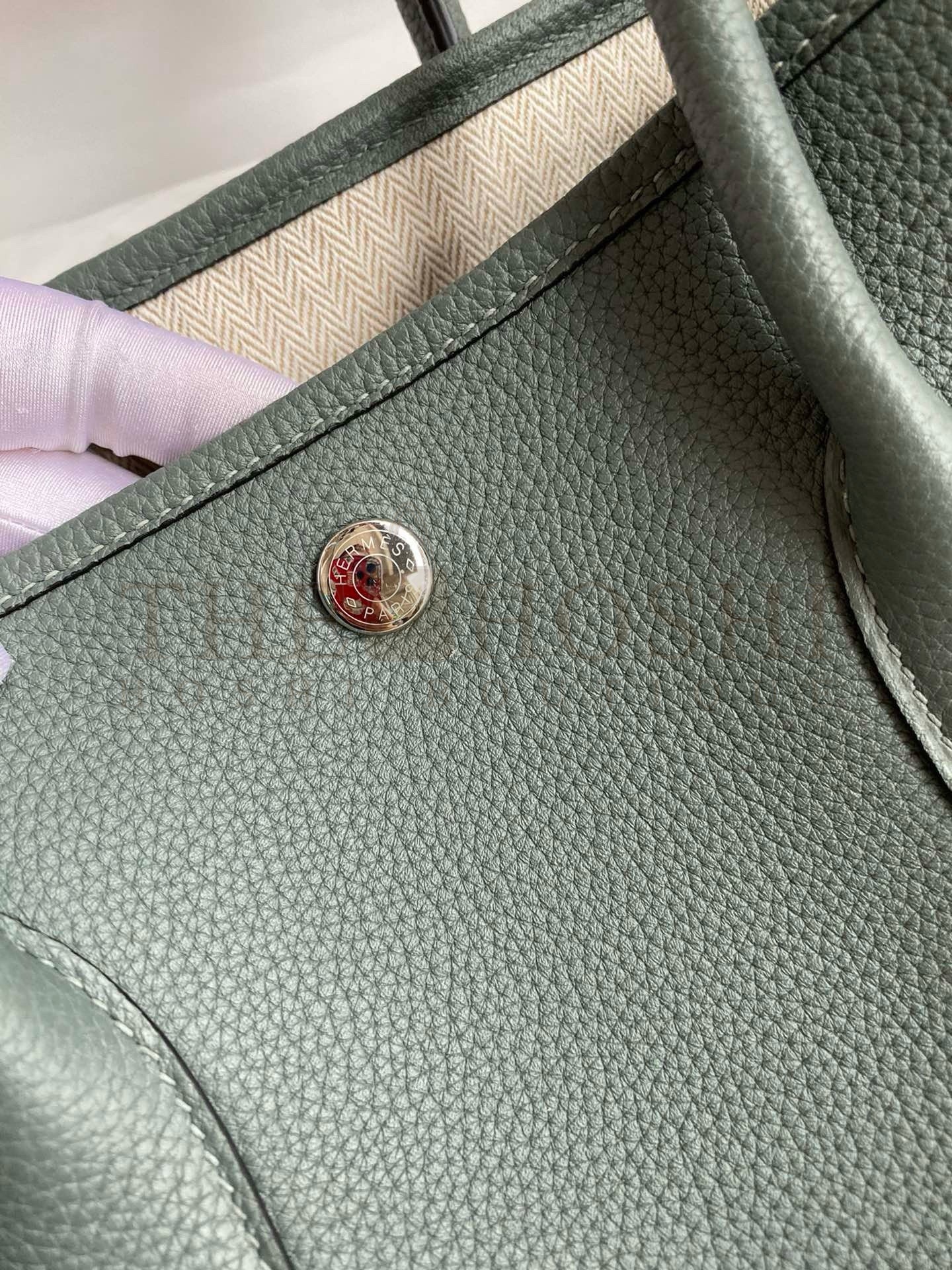 H**me5 Garden Party 30 Handmade Bag in Vert Amande Clemence Leather Master Quality