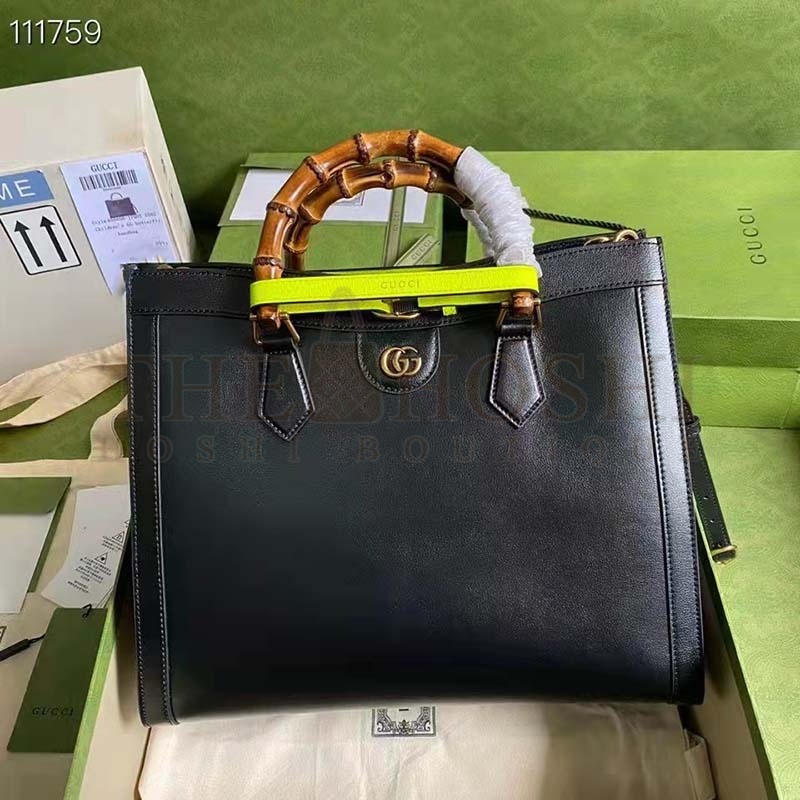 Gvc*1 Women Gvc*1 Diana Medium Tote Bag Double G Black Leather Bamboo Handles Master Quality