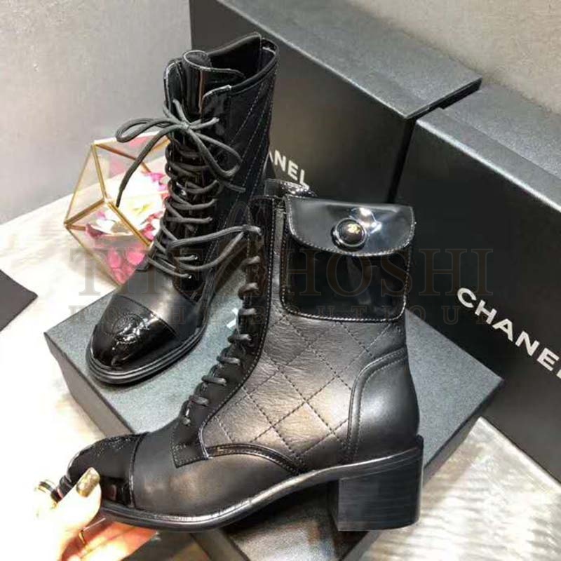 Ch**el Women Patent Calfskin &amp; Crumpled Calfskin Ankle Boots-Black Master Quality