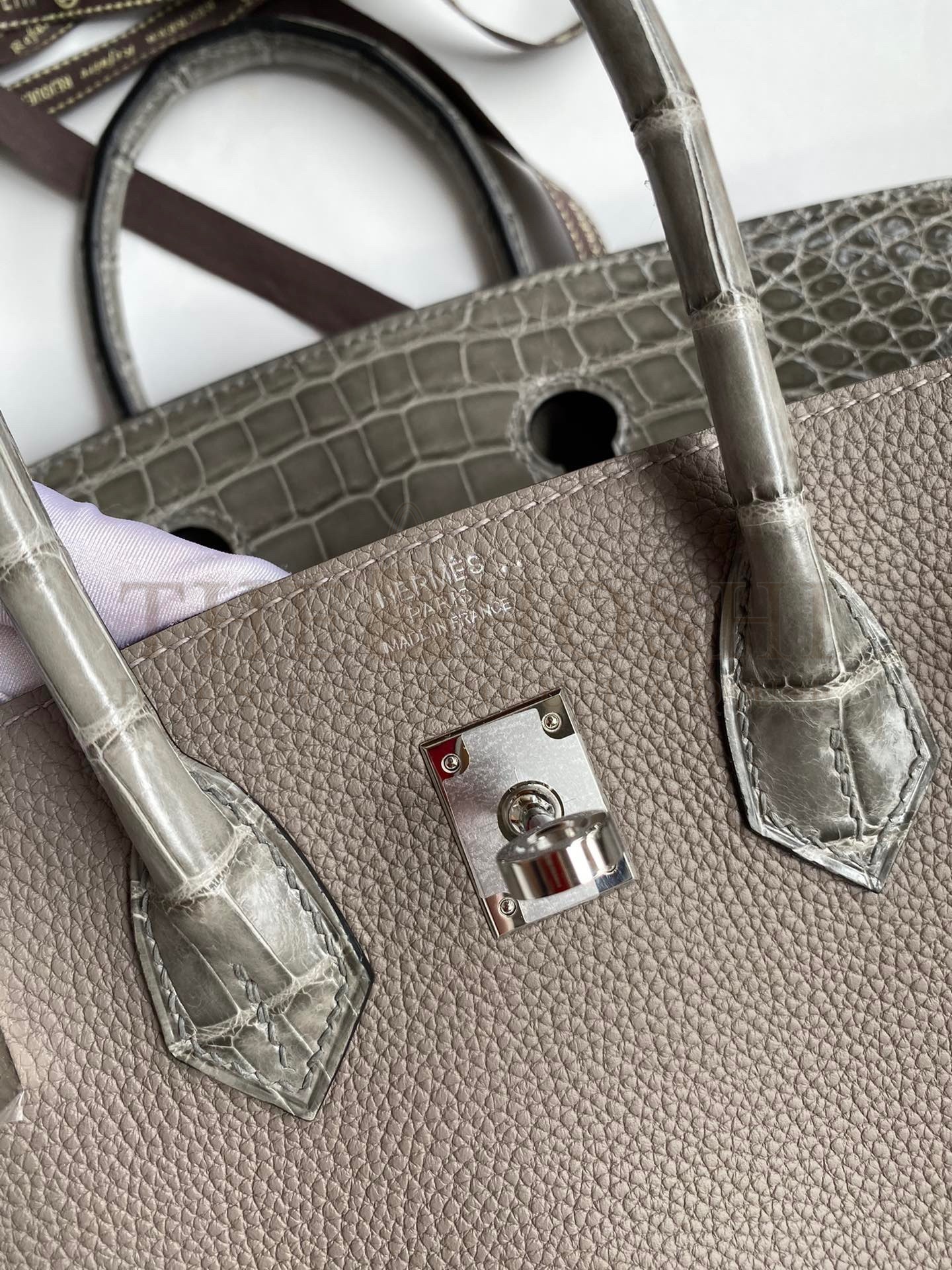 H**me5 Touch Birkin 30 Bag In Gris Asphalt Clemence and Shiny Niloticus Crocodile Skin Master Quality