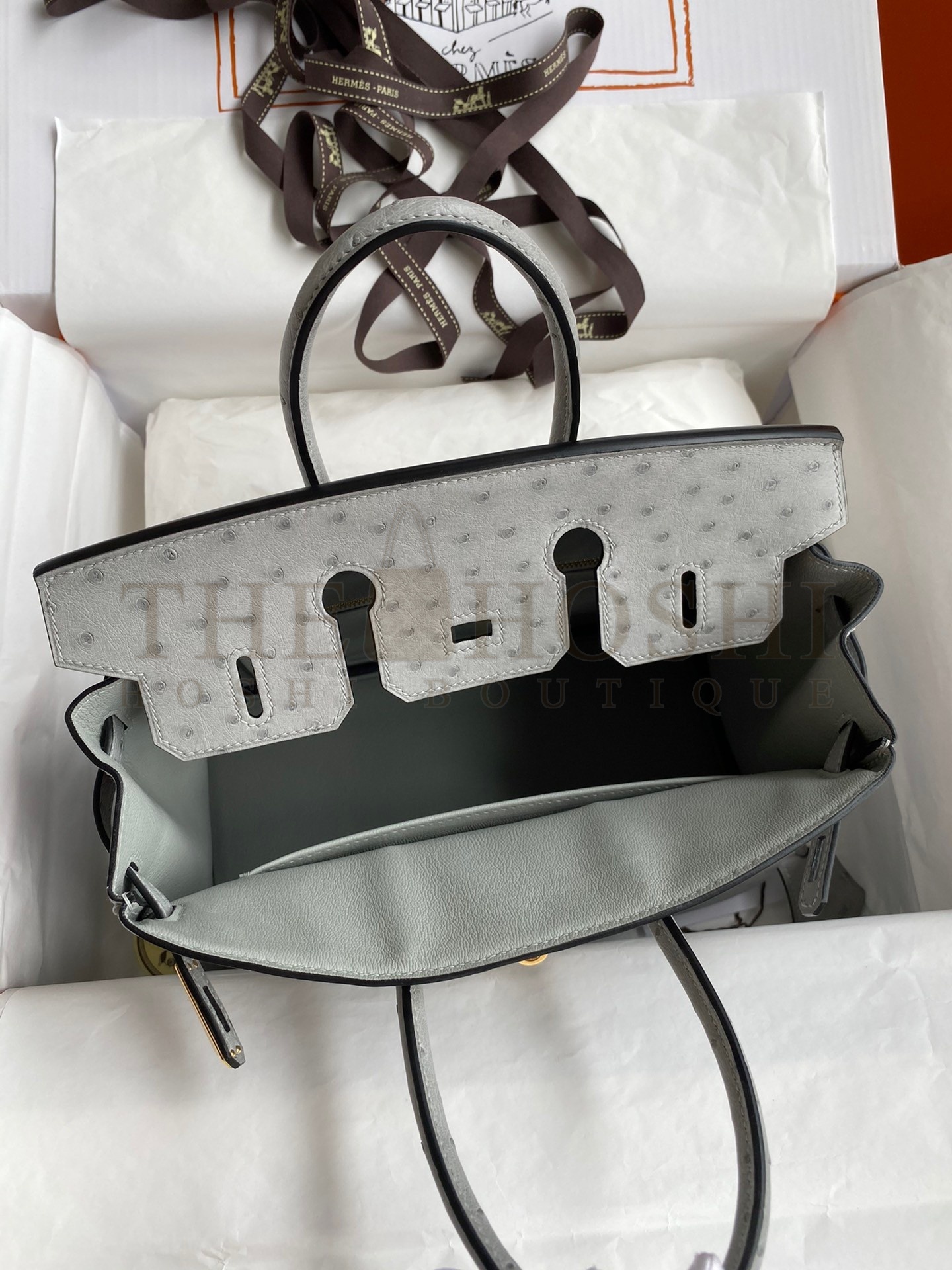 H**me5 Birkin 25 Retourne Handmade Bag In Blue Glacier Ostrich Leather Master Quality