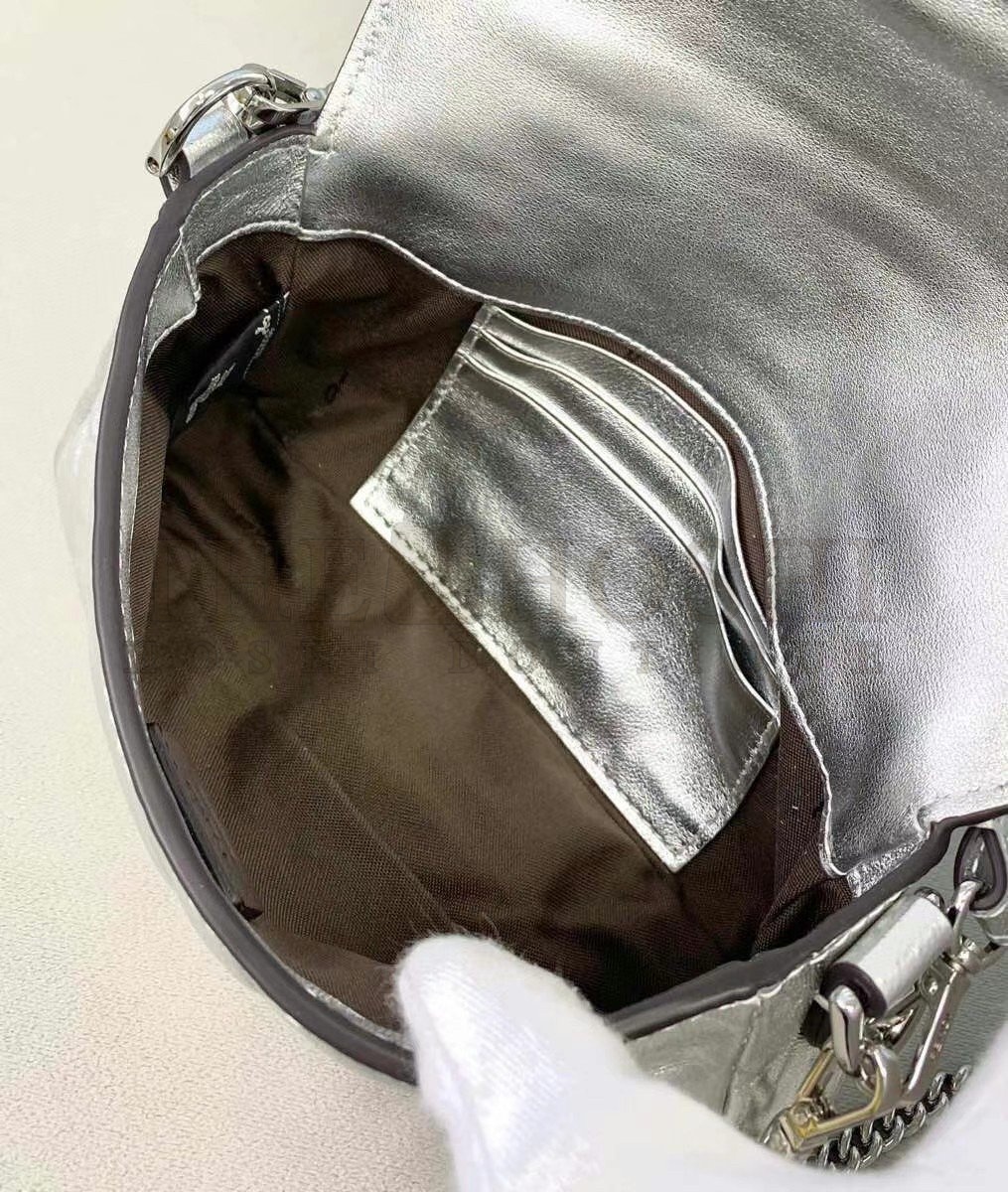 F**di Small Baguette Bag In Silver FF Metallic Leather Master Quality