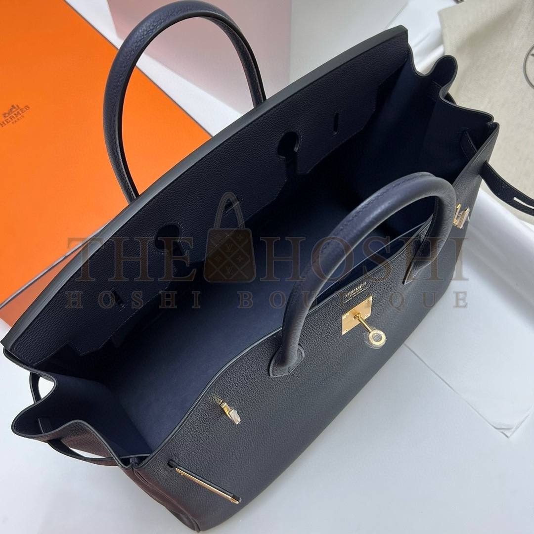 H**me5 Birkin 40 Retourne Handmade Bag In Blue Nuit Clemence Leather Master Quality