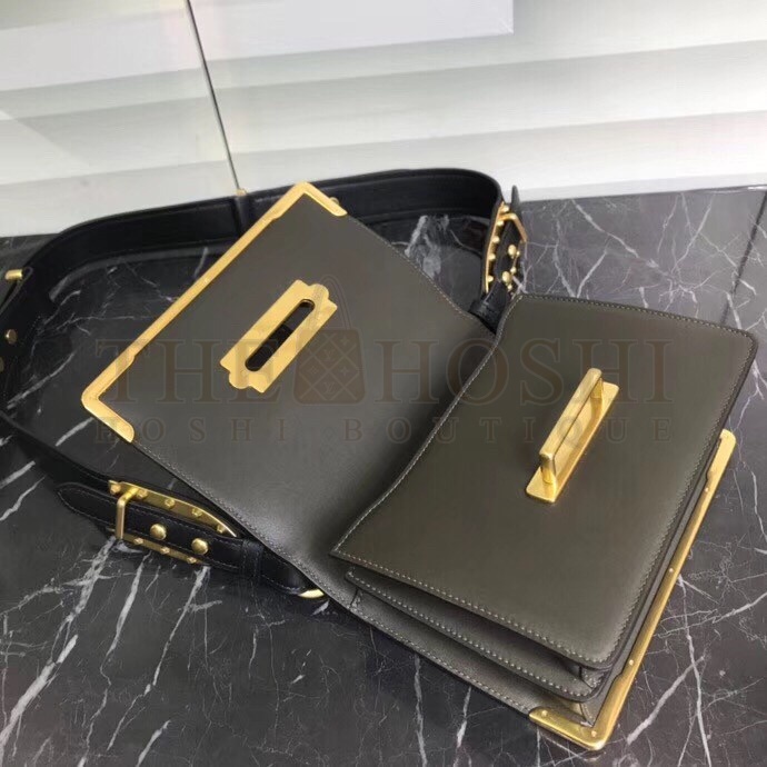 Pra*a Cahier Shoulder Bag In Green/Black Leather Master Quality