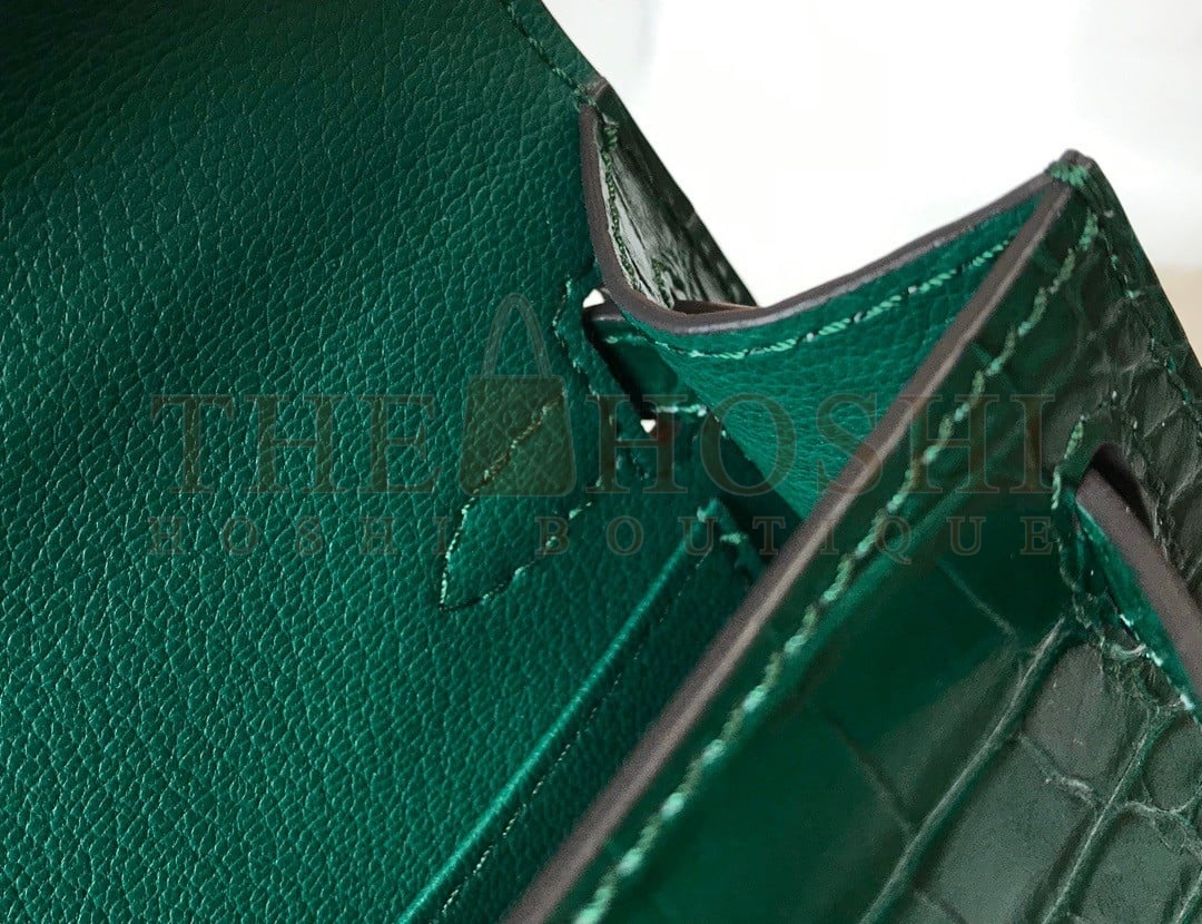 H**me5 Kelly Mini II Sellier Bag In Green Crocodile Embossed Leather Master Quality