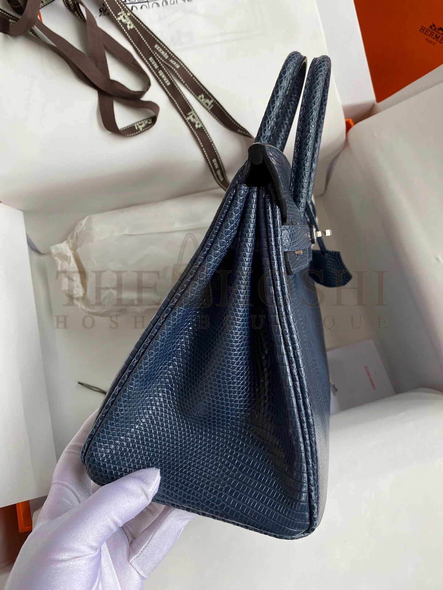 H**me5 Birkin 25 Retourne Handmade Bag In Blue Saphir Lizard Leather Master Quality