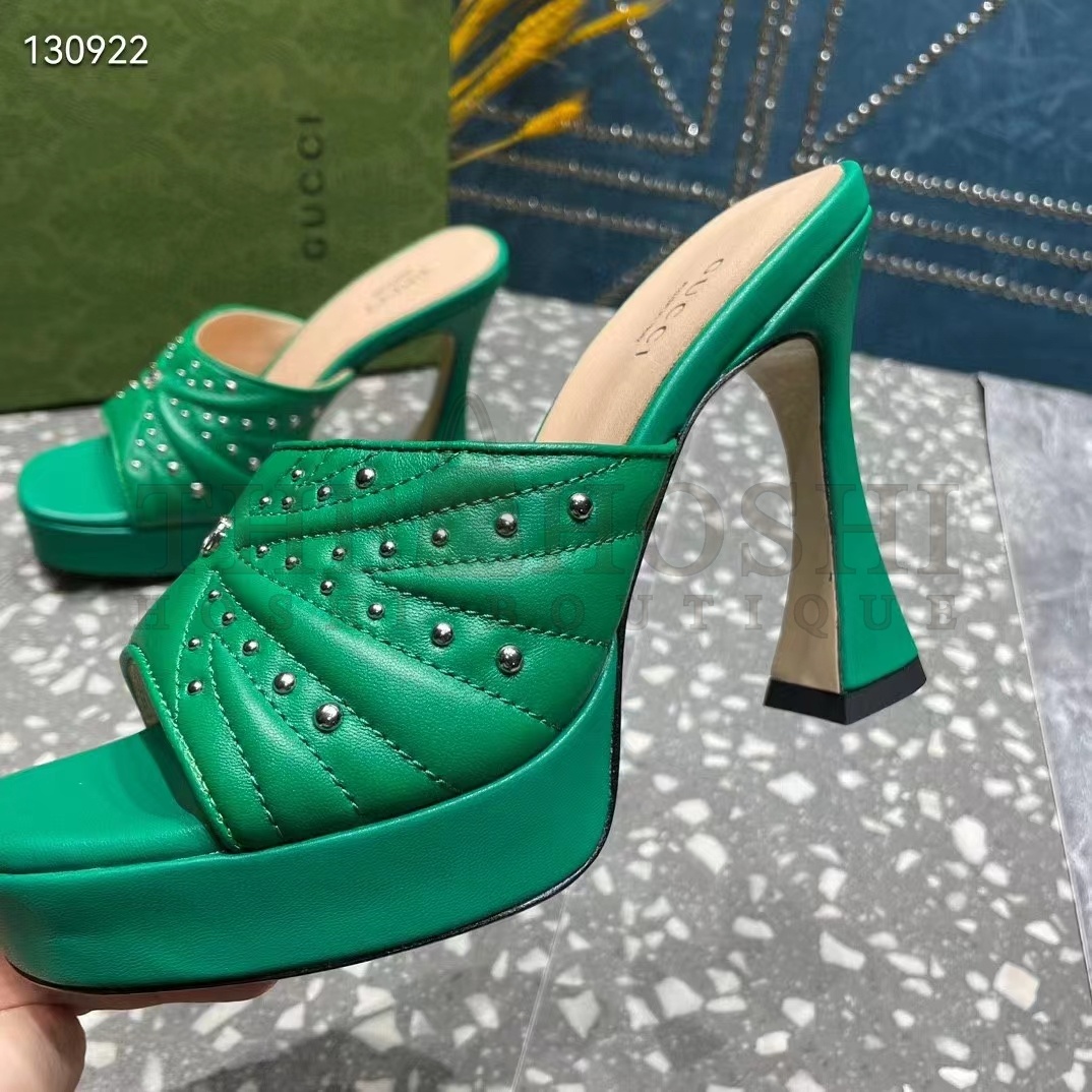 Gvc*1 Women Heeled Slide Sandals Green Leather Studs Spool High 15 Cm Heel Master Quality