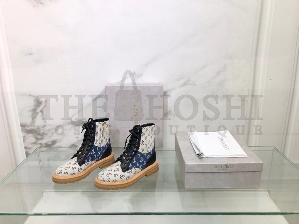 J1m*y Ch00 Cora Flat Combat Boots In Monogram Jacquard Master Quality