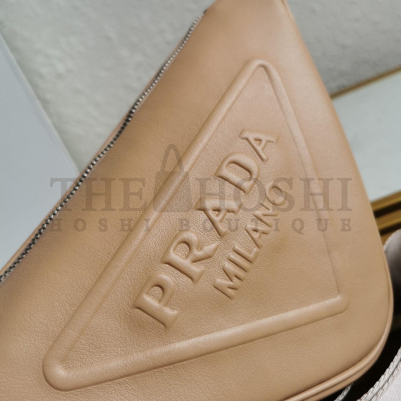 Pra*a Triangle Shoulder Bag In Beige Leather Master Quality