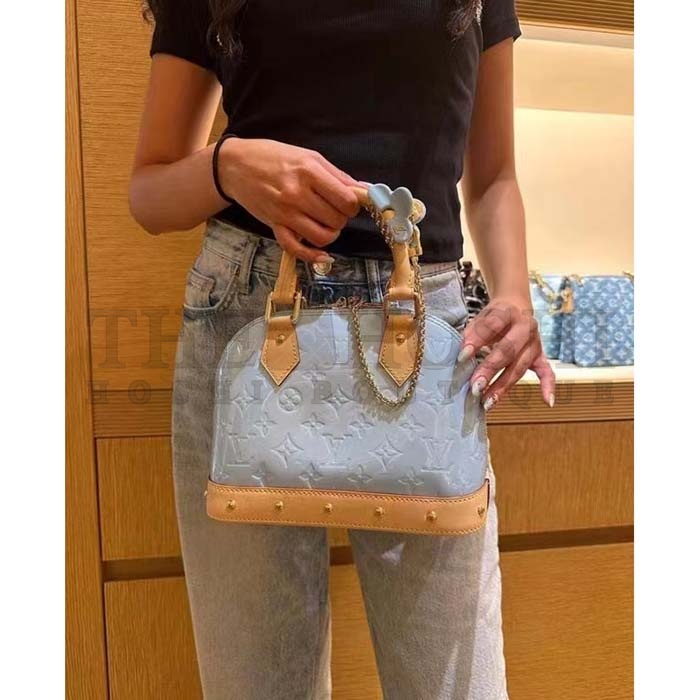 L0vis Vvtt0n LV Women Alma BB Handbag Sky Blue Monogram Vernis Embossed Cowhide Leather M24062 Master Quality