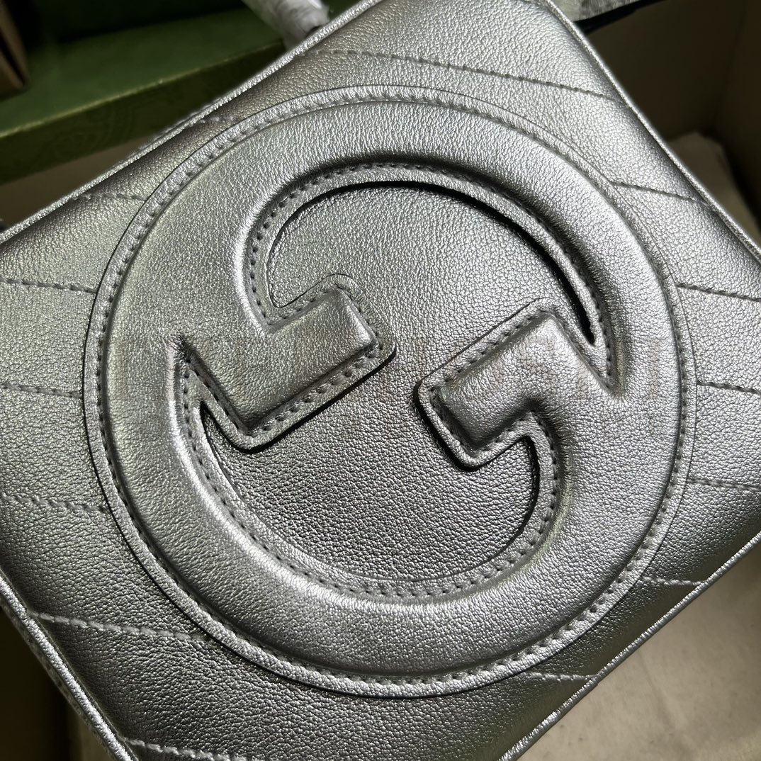 Gvc*1 Women GG Blondie Top Handle Bag Metallic Silver Leather Round Interlocking G Master Quality