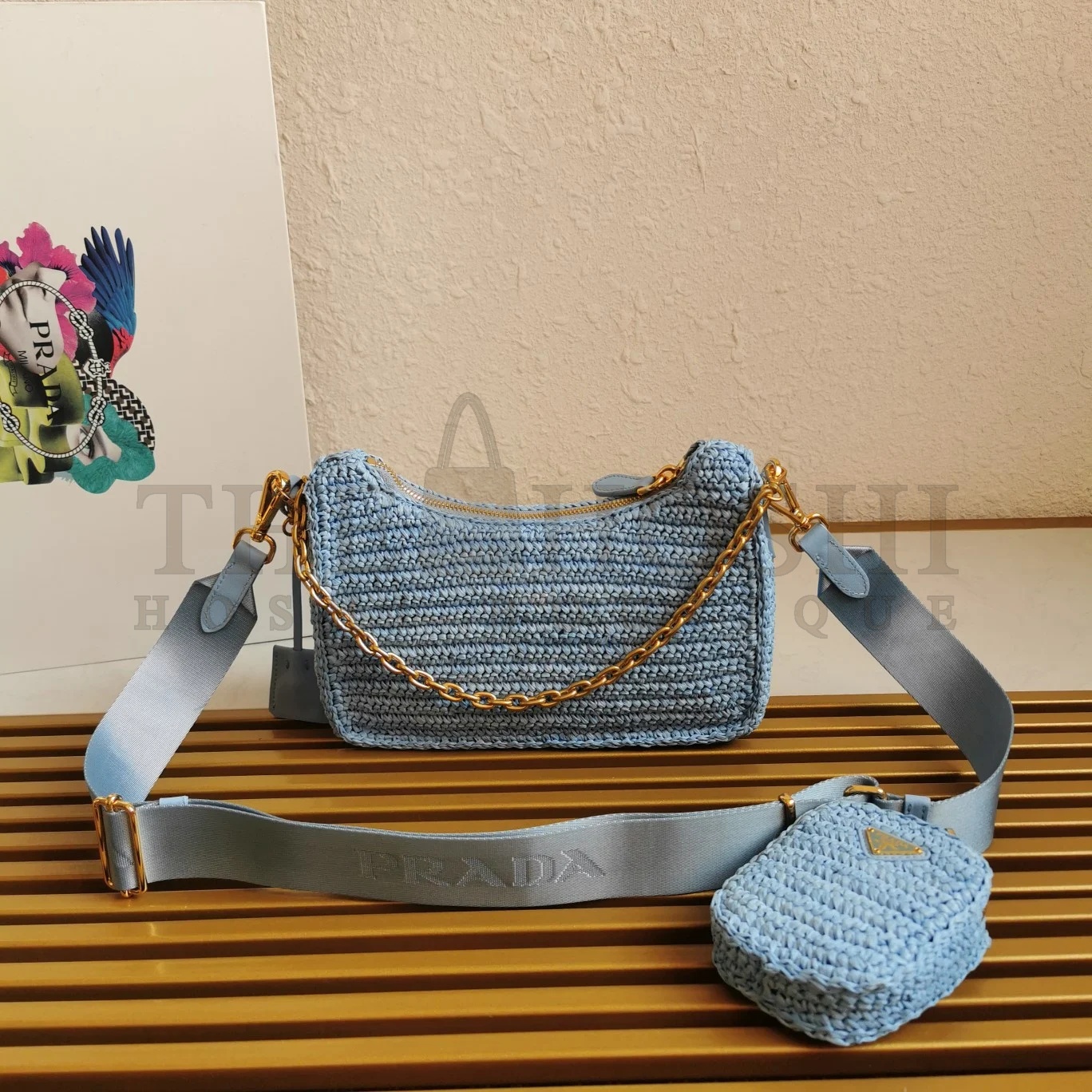Pra*a Re-Edition 2005 Shoulder Bag In Blue Raffia Master Quality