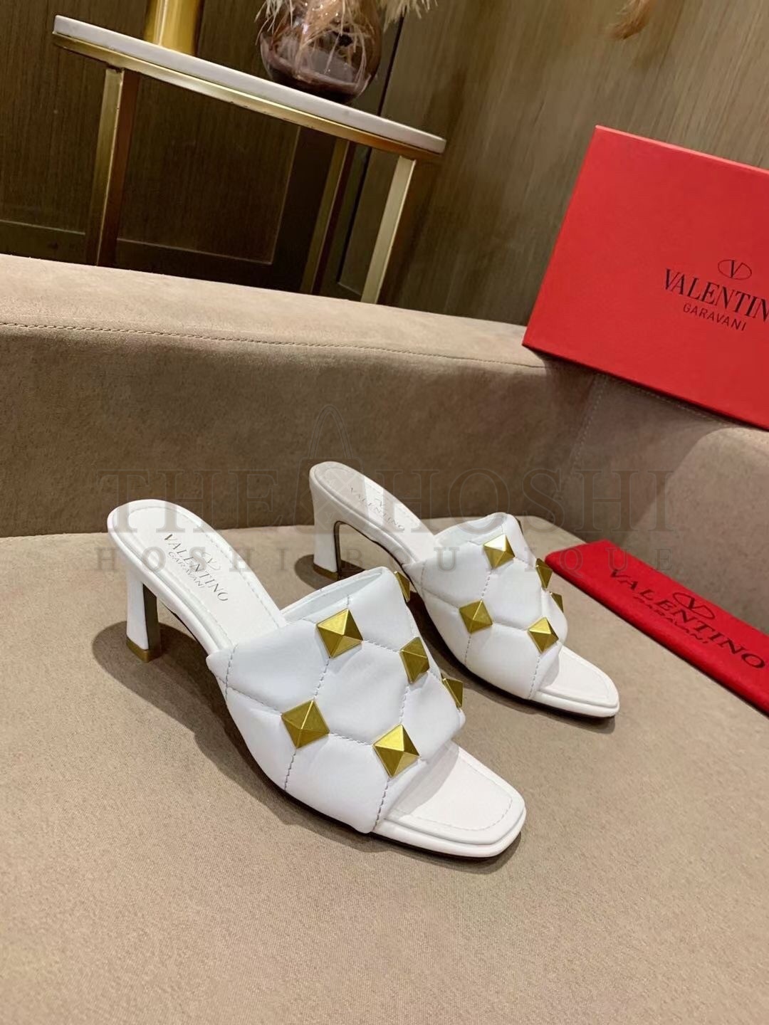 Va1e*ntin0 Roman Stud Slide Sandals 65mm In White Lambskin Master Quality