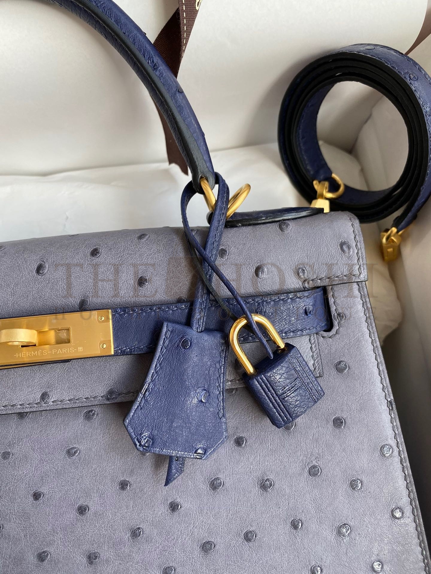 H**me5 Kelly Sellier 25 Bicolor Bag in Gris Agate and Blue Ostrich Leather Master Quality