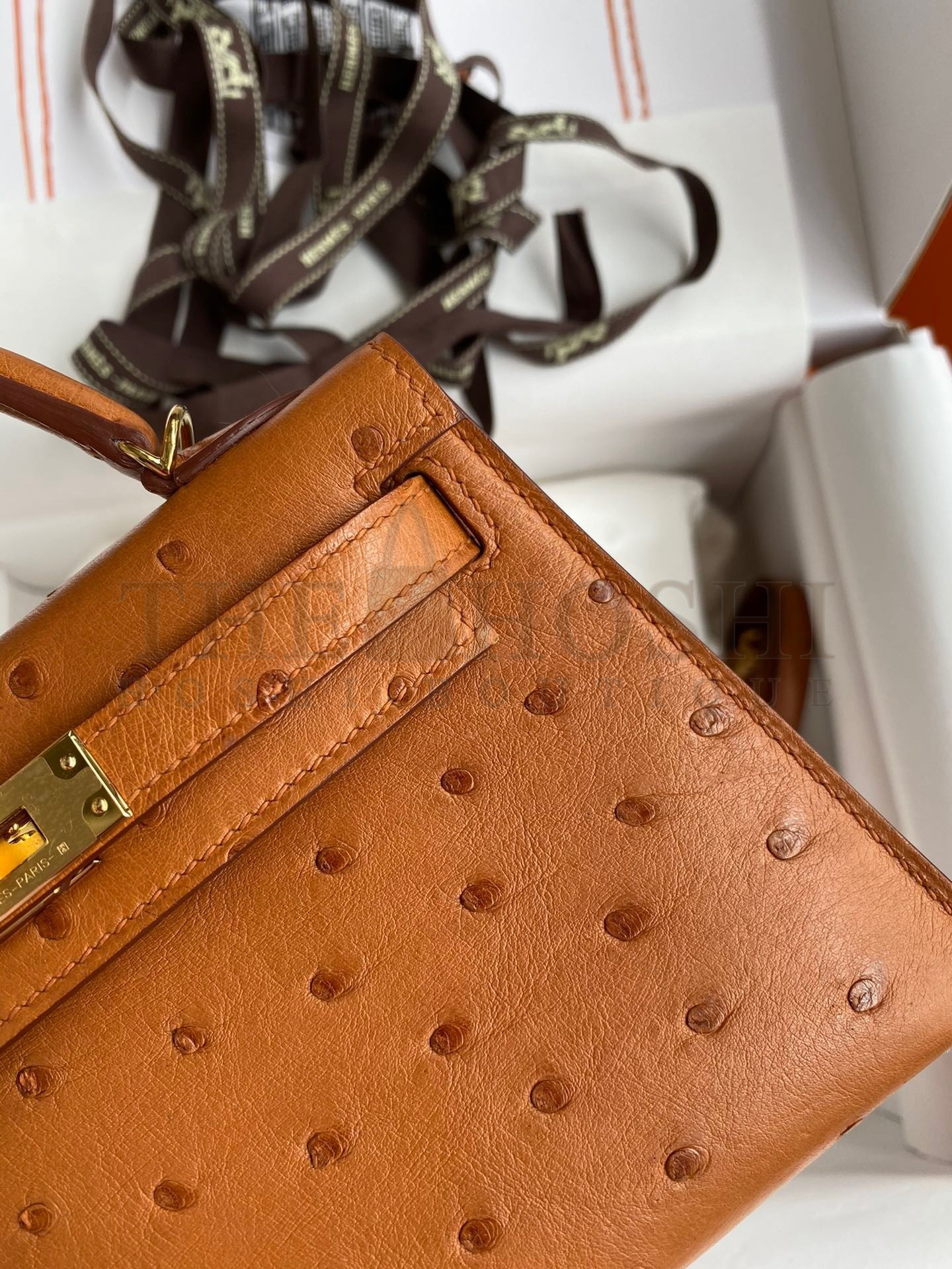 H**me5 Kelly Mini II Sellier Handmade Bag In Gold Ostrich Leather Master Quality