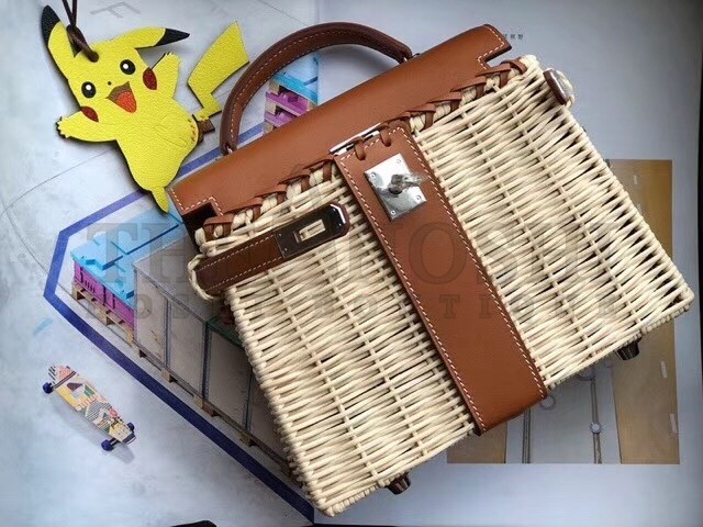 H**me5 Brown Picnic Kelly Mini 20cm Wicker Bag Master Quality