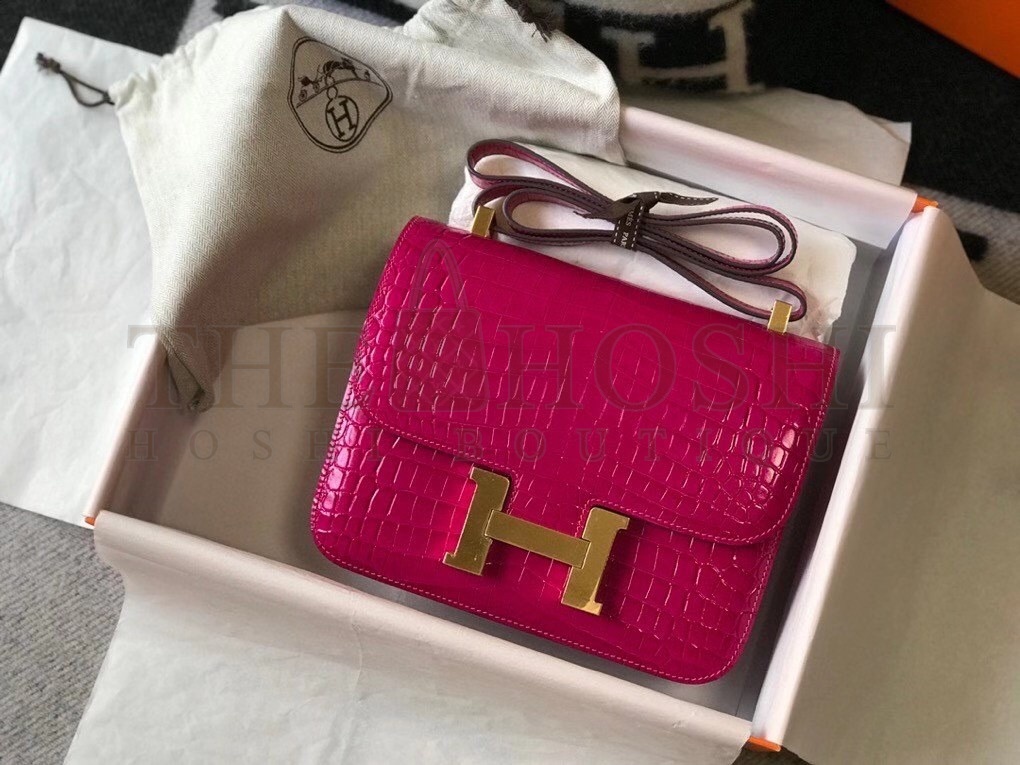 H**me5 Constance 24cm Bag In Rose Red Embossed Crocodile Master Quality