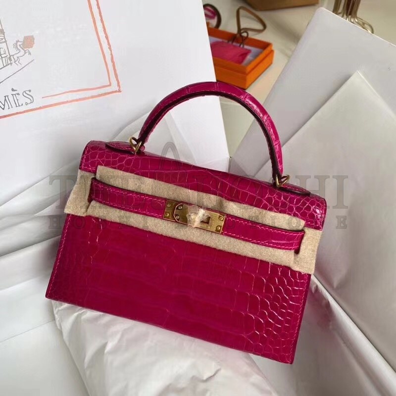 H**me5 Rose Red Alligator Crocodile Kelly Mini II Handmade Bag Master Quality
