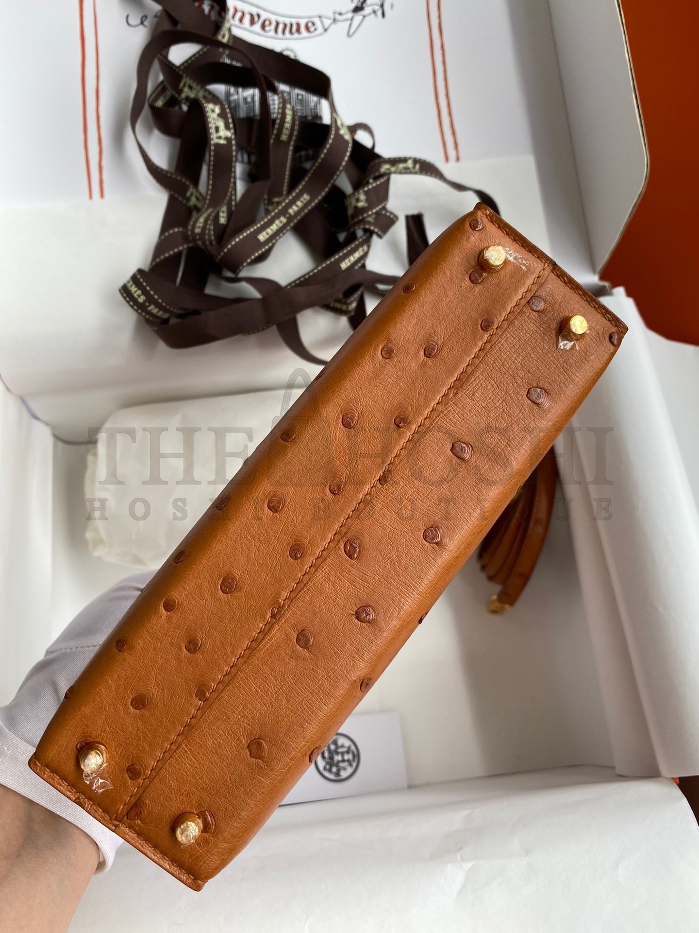 H**me5 Kelly Mini II Sellier Handmade Bag In Gold Ostrich Leather Master Quality