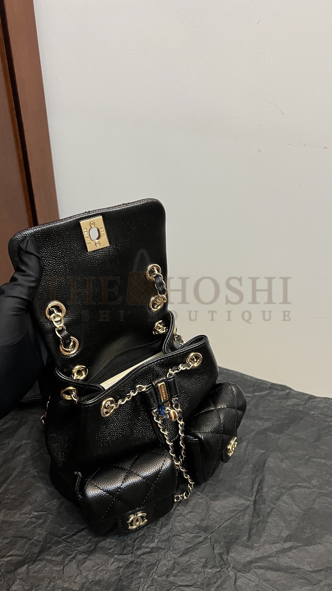 Calfskin Quilted Mini Duma Pockets Drawstring Backpack Black Ch**el Master Quality