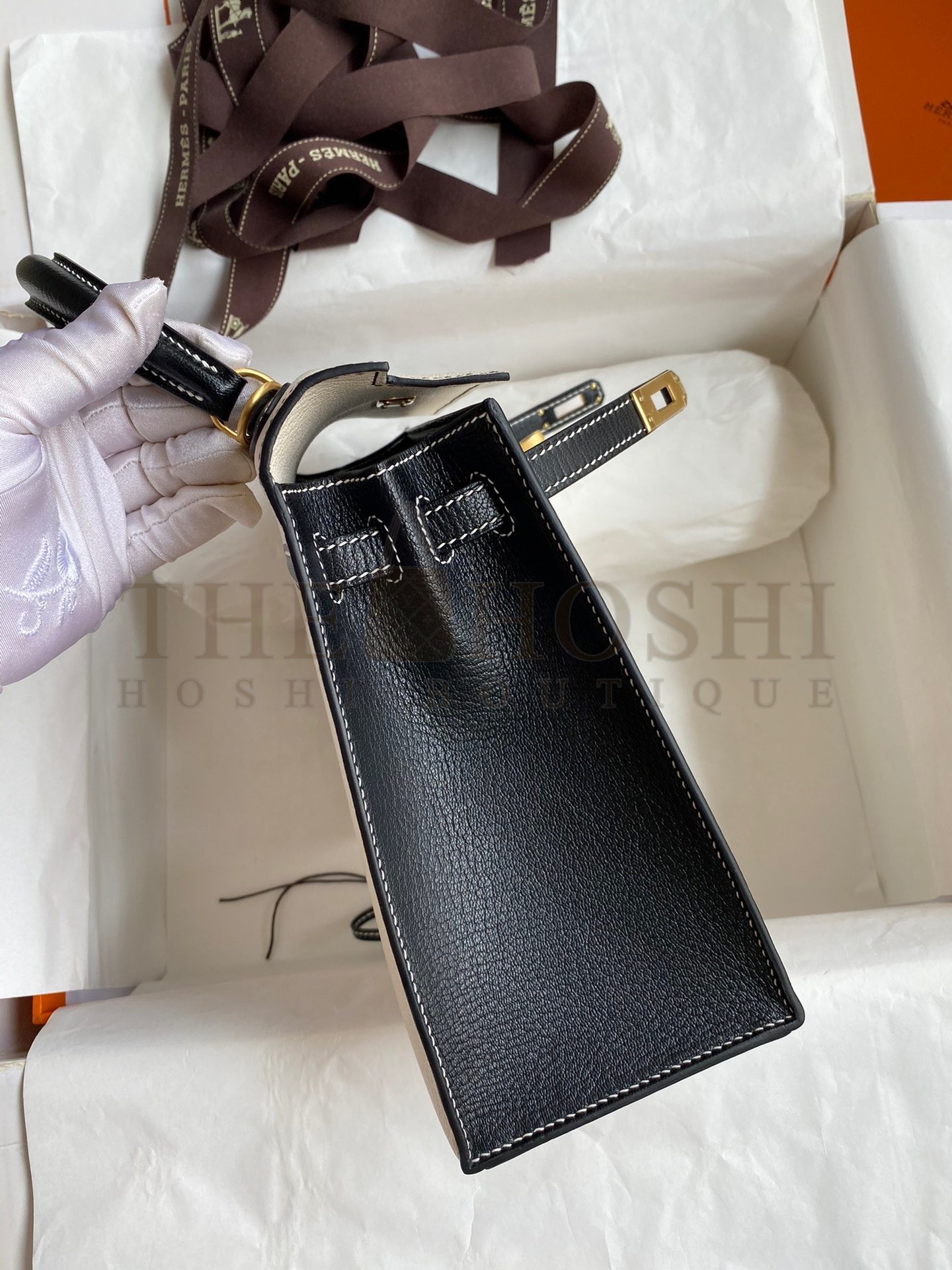 H**me5 Kelly Sellier 25 Bicolor Bag in White and Black Mysore Goatskin Master Quality