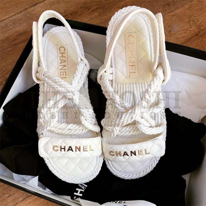 Ch**el Women CC Cotton Tweed White Sandals Calfskin Leather Cotton 1 CM Heel Master Quality