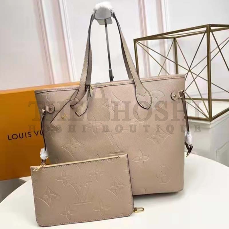 L0vis Vvtt0n LV Women Neverfull MM Tote Beige Embossed Cowhide Leather Master Quality