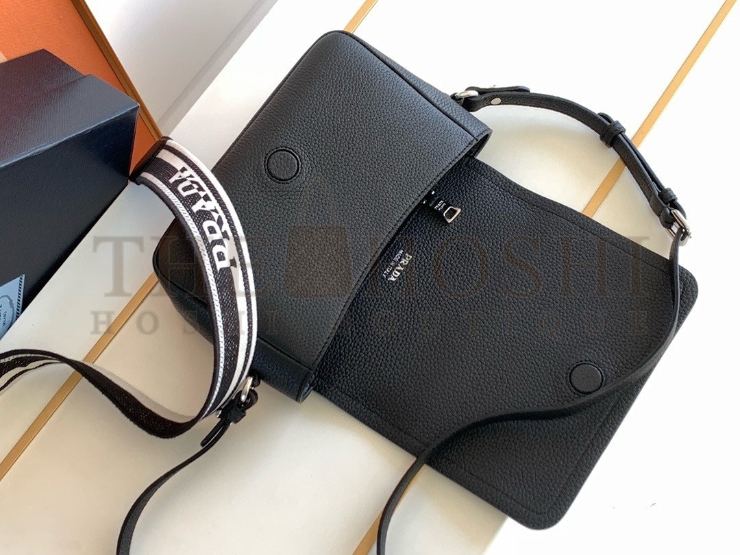 Pra*a Flap Shoulder Bag in Black Grained Leather Master Quality