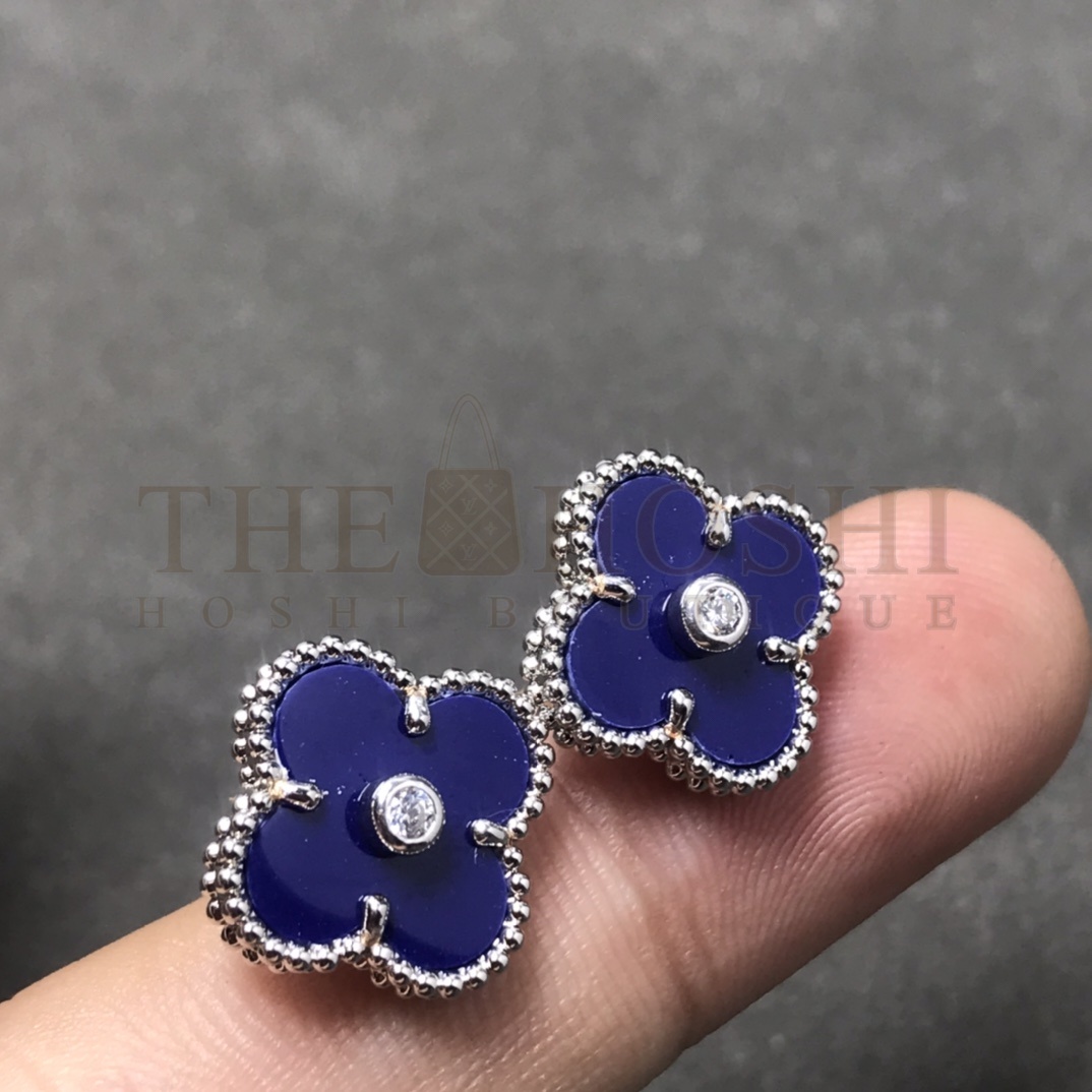 V*n Cl**f & Arpels Blue Clover Stud Earrings with D1am0nds, Vintage Alhambra earrings Master Quality