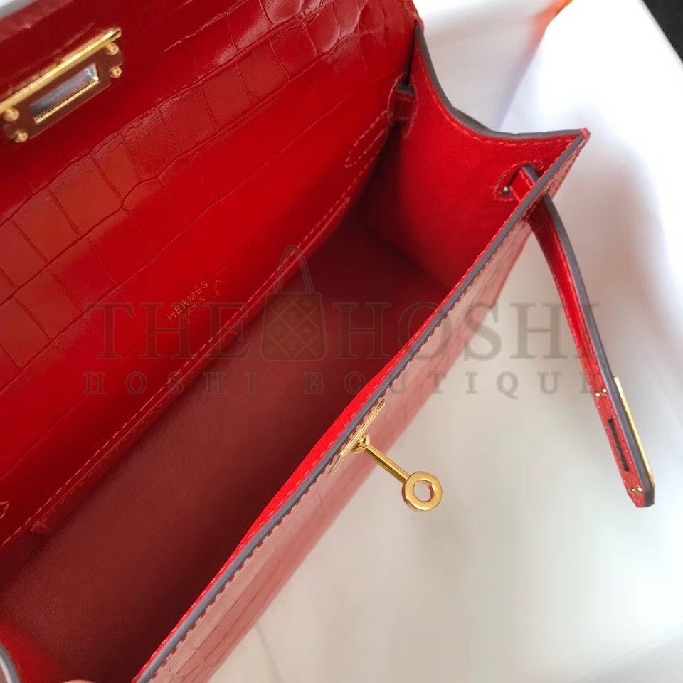 H**me5 Kelly Pochette Bag In Red Embossed Crocodile Leather Master Quality