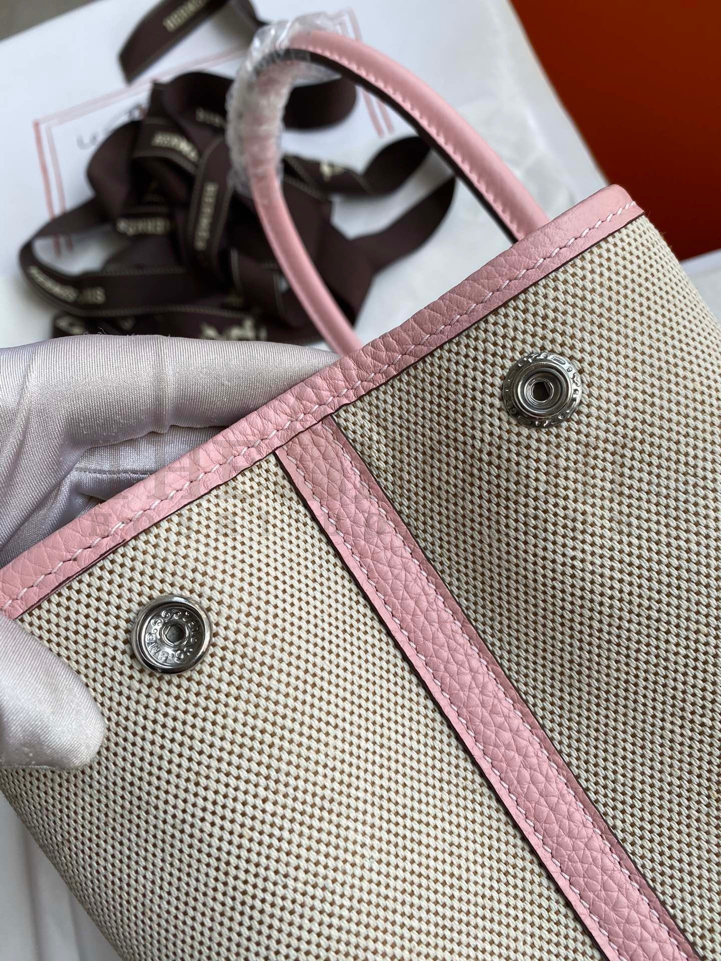 H**me5 Garden Party 30 Handmade Bag in Toile and Pink Leather Master Quality