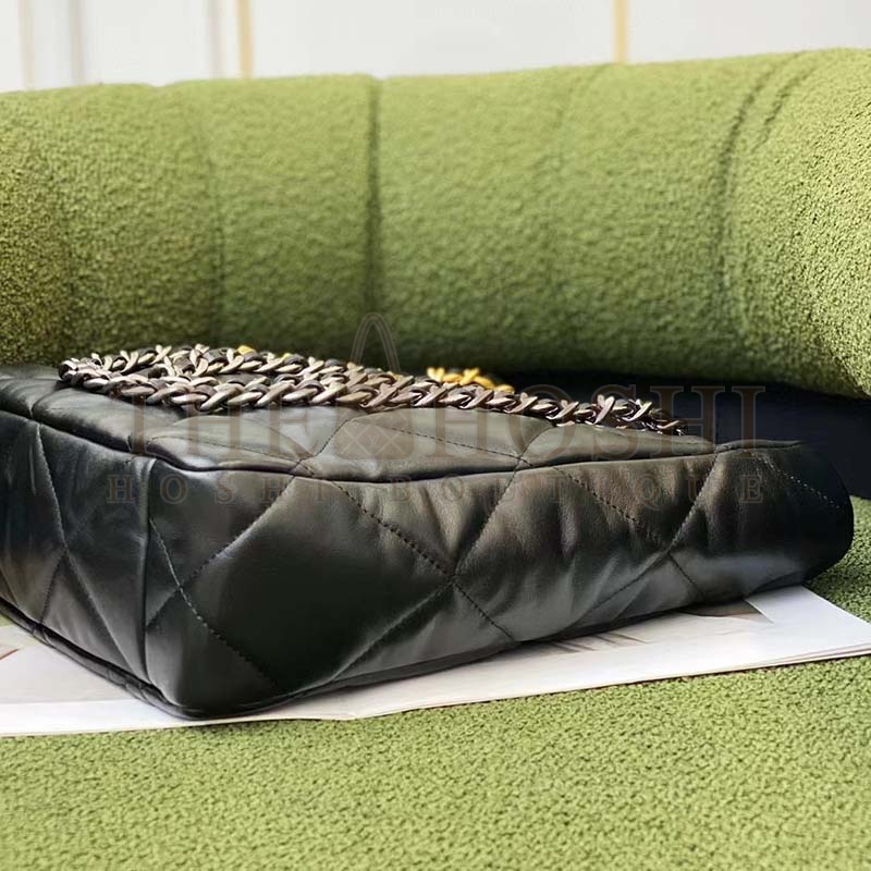 Ch**el Women CC Ch**el 19 Shopping Bag Lambskin Gold Silver-Tone Metal Black Master Quality